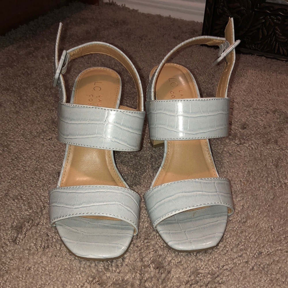 Lauren Conrad Grey croc open block heels.